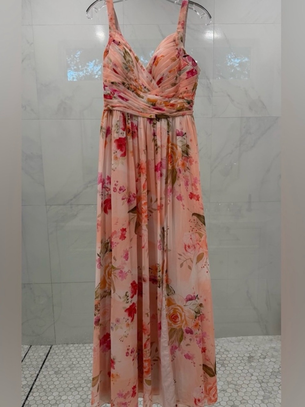 Azazie Chanel Pink Abstract Watercolor Floral Maxi Dress with Side Slit - Picture 6 of 12